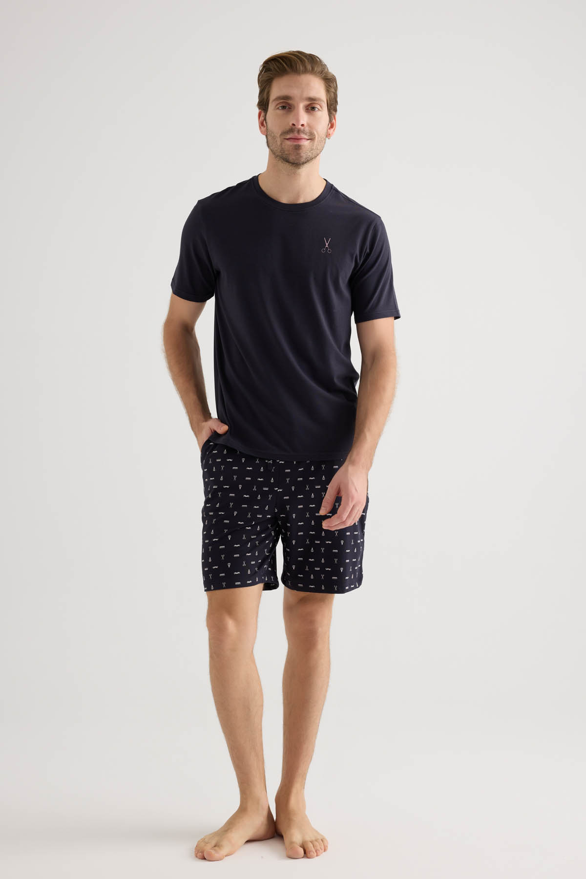 Erkek Pamuklu Kısa Kollu Şort Pijama Takımı