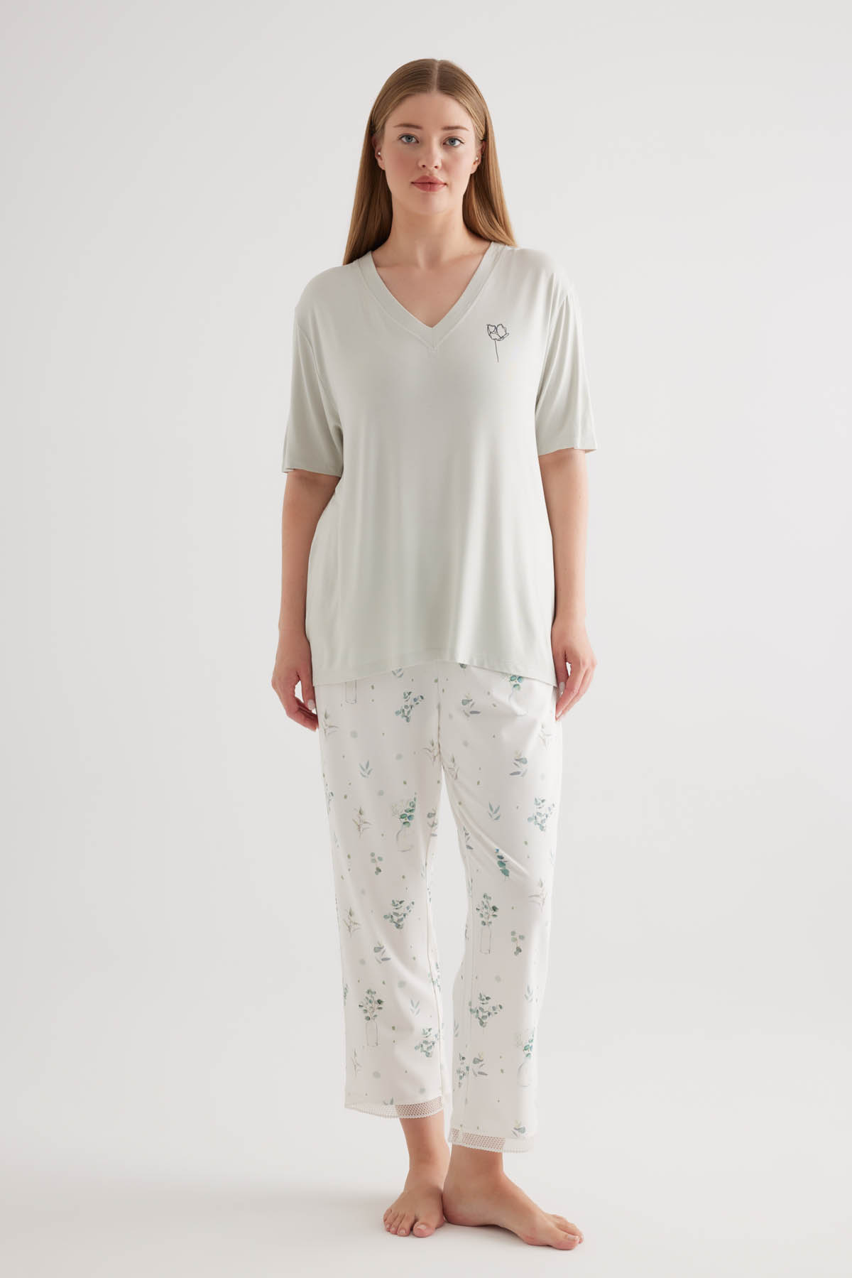 Kadın Büyük Beden Kısa Kollu Uzun Pijama Takımı