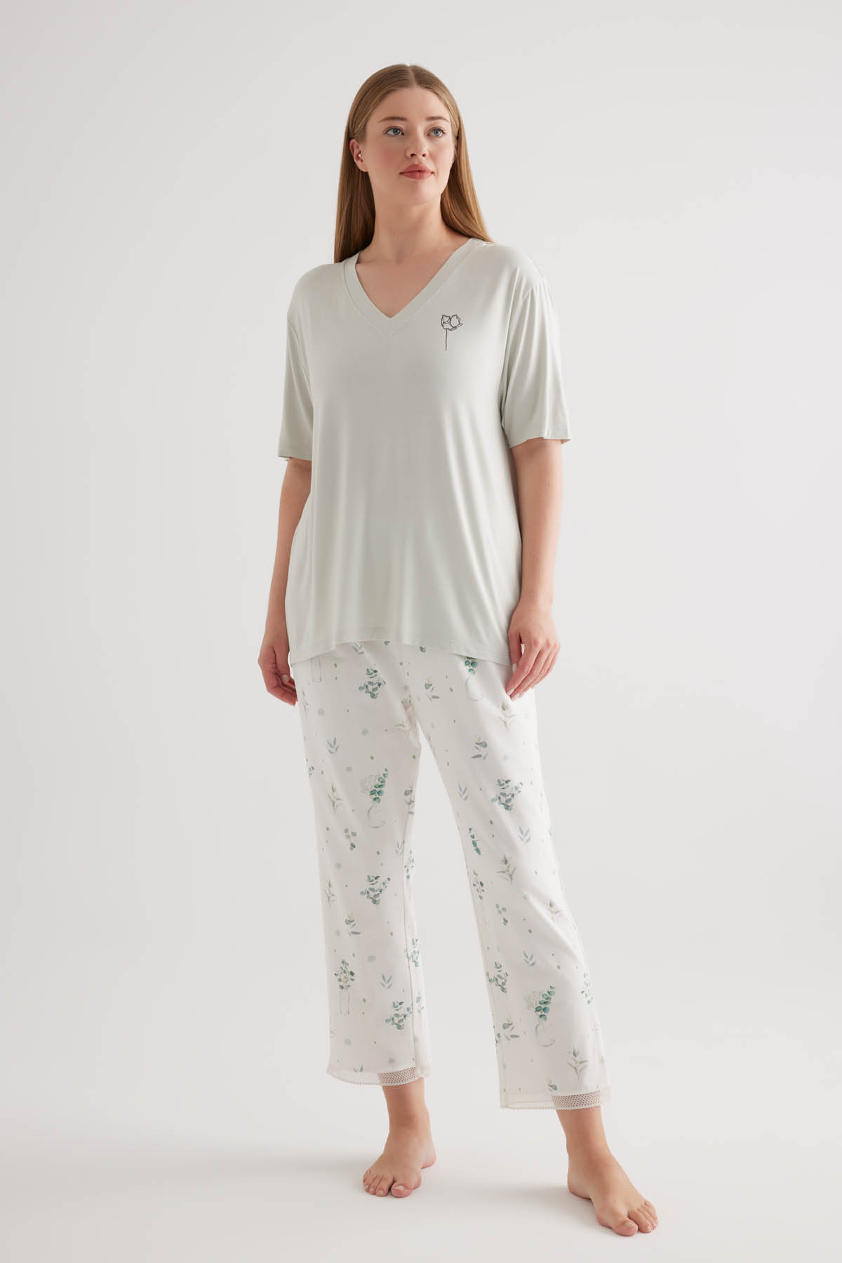 Kadın Büyük Beden Kısa Kollu Uzun Pijama Takımı