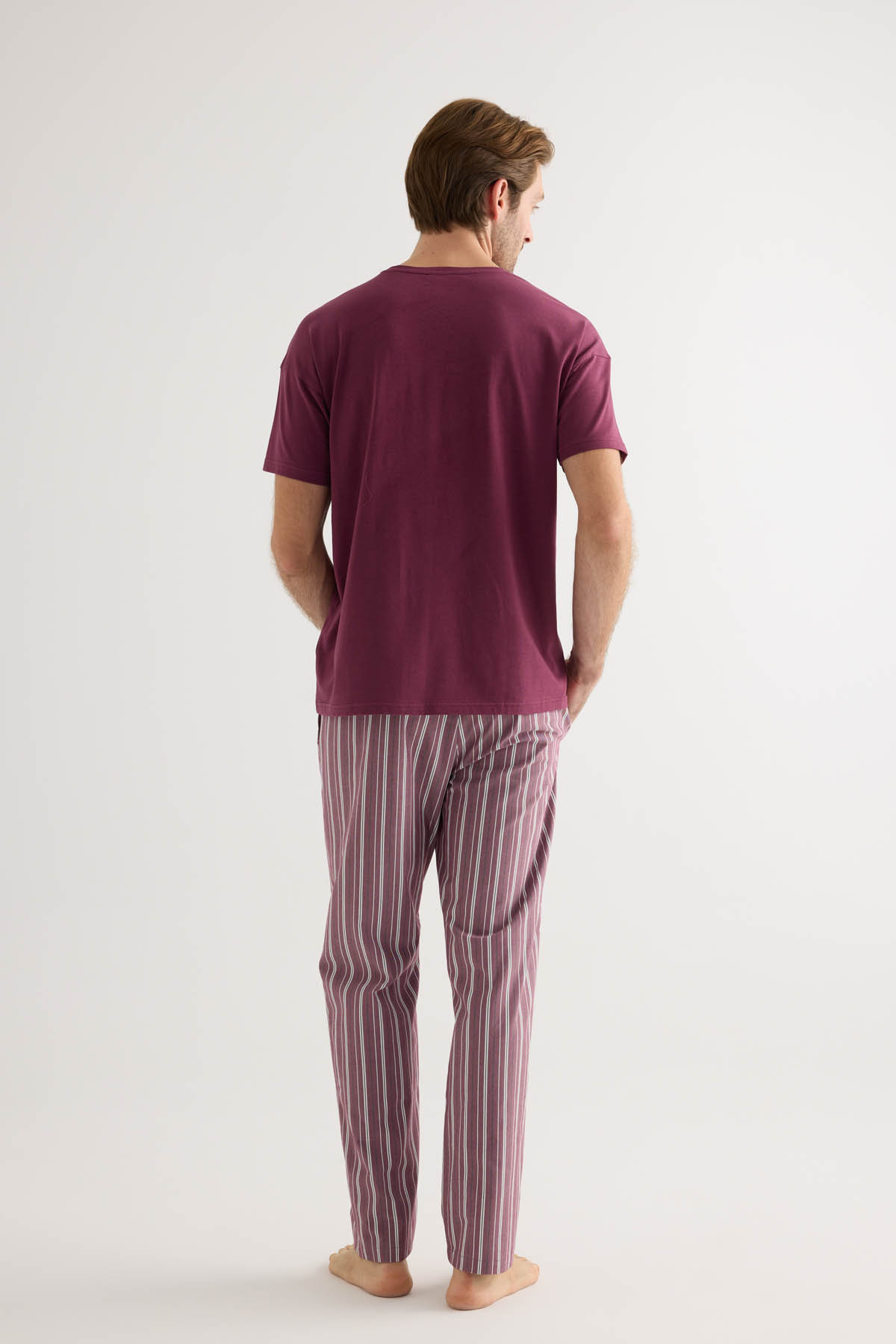 Erkek Pamuklu Kısa Kollu Uzun Pijama Takımı
