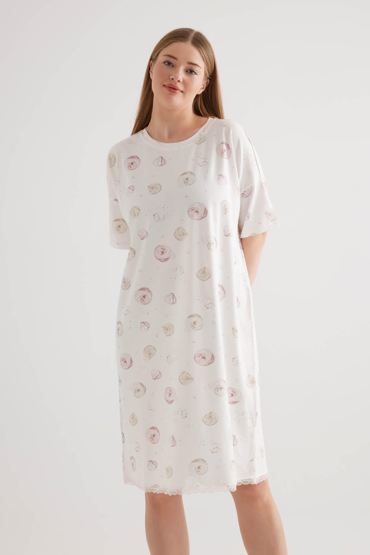 Kadın Plus Size Pamuklu Kısa Kollu Gecelik