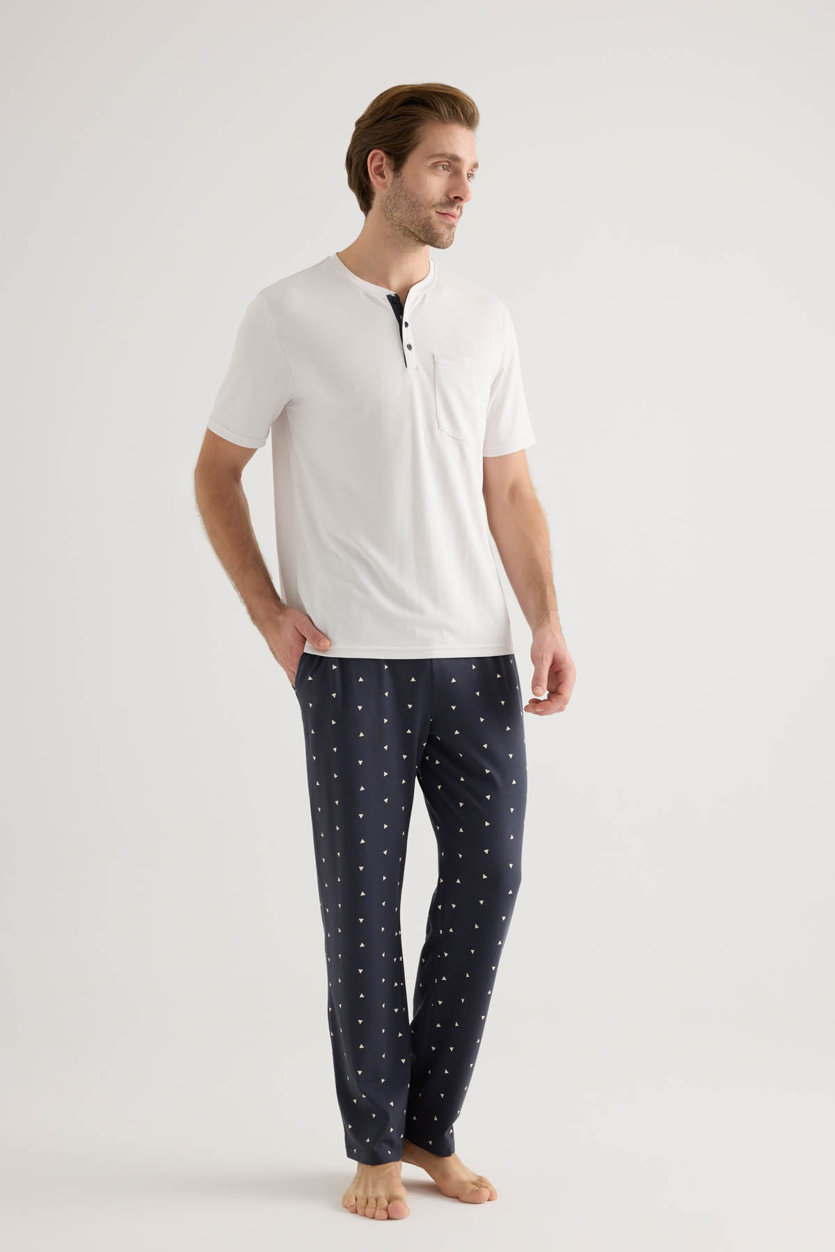 Erkek Pamuklu Patlı Cep Detaylı Kısa Kollu Pijama Üstü