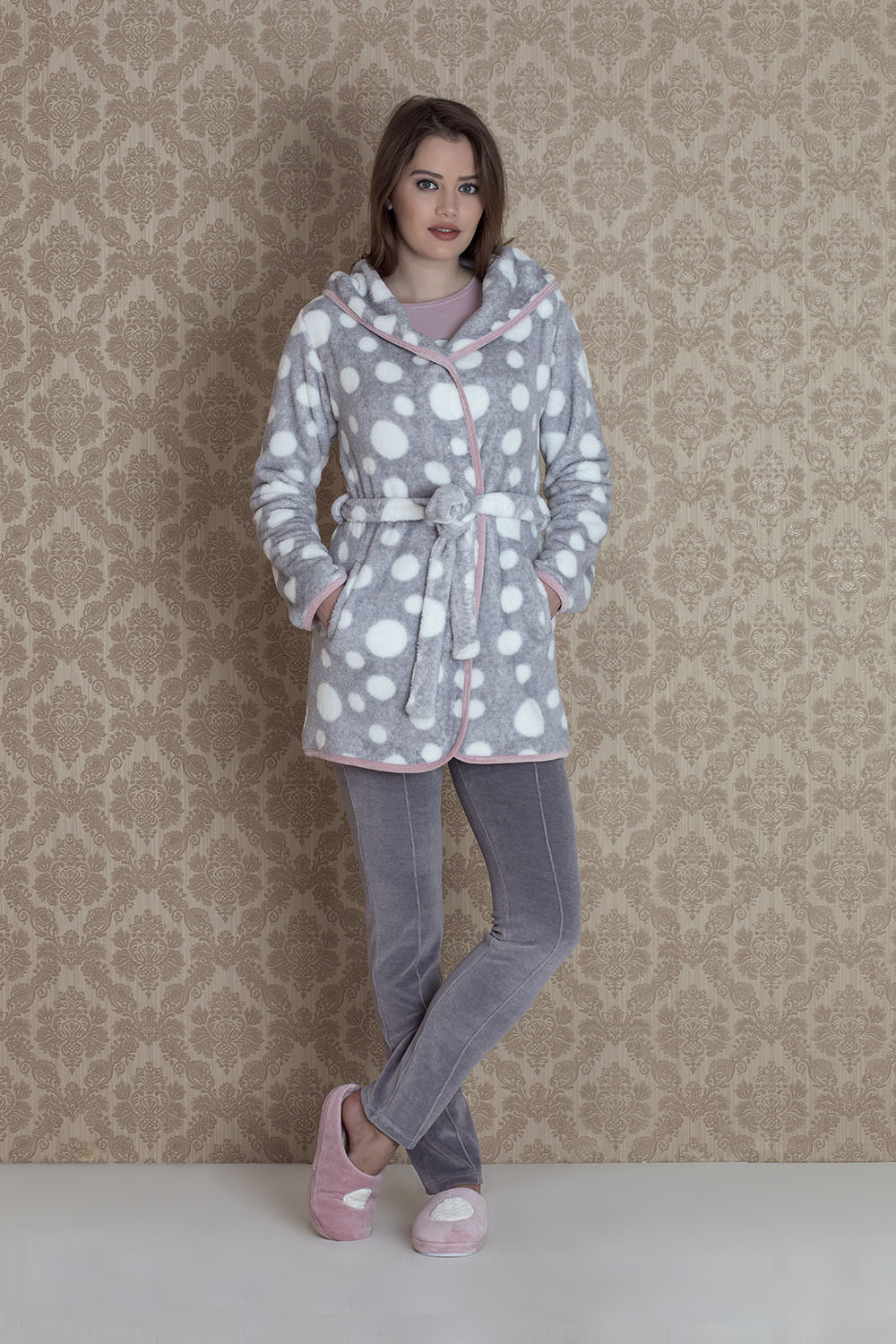 Norda Kadın Desenli WellSoft Sabahlıklı Pijama Takım