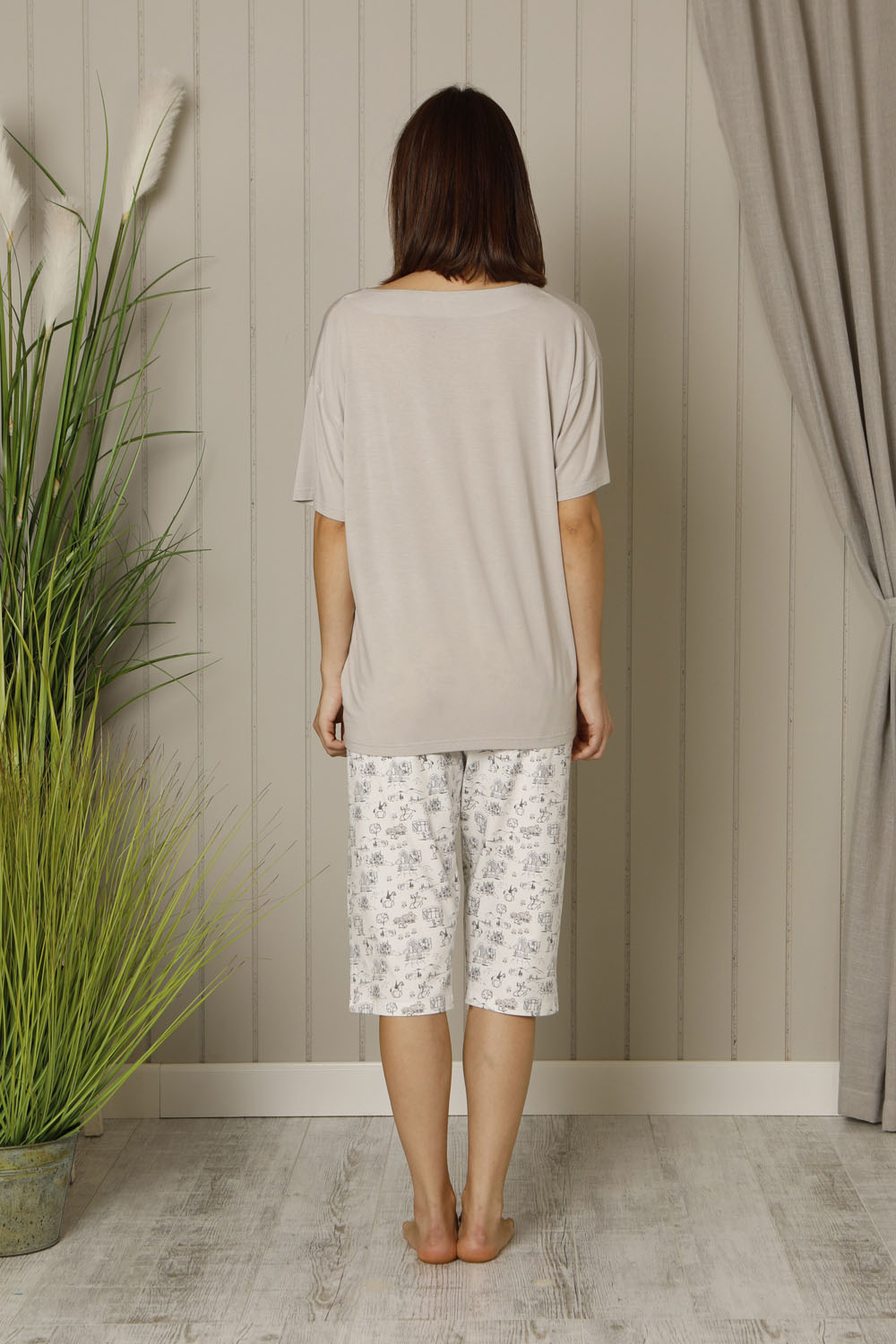 Hays Plus Size Kadın Saten Detaylı Penye Kapri Pijama Takımı