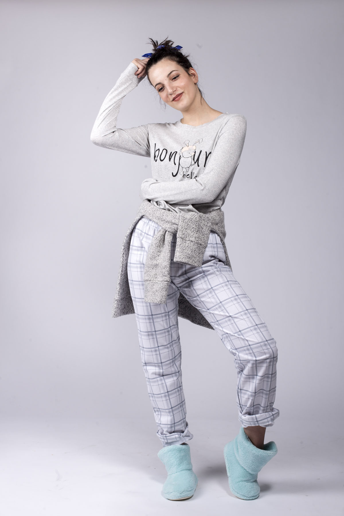 Kadın Ekose Desenli Penye Pijama Takımı