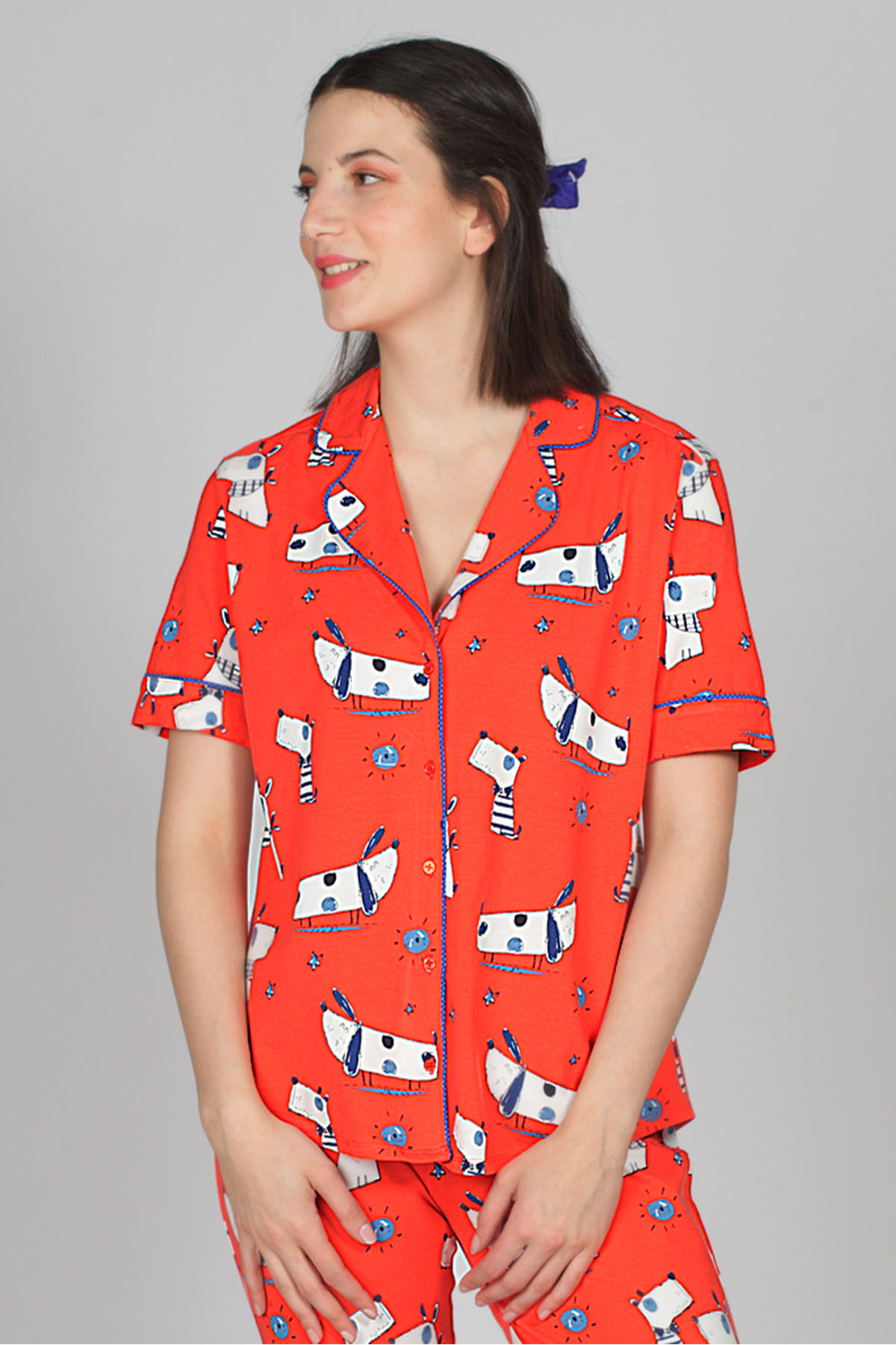Kadın Gömlek Model Kırmızı Pijama Takımı