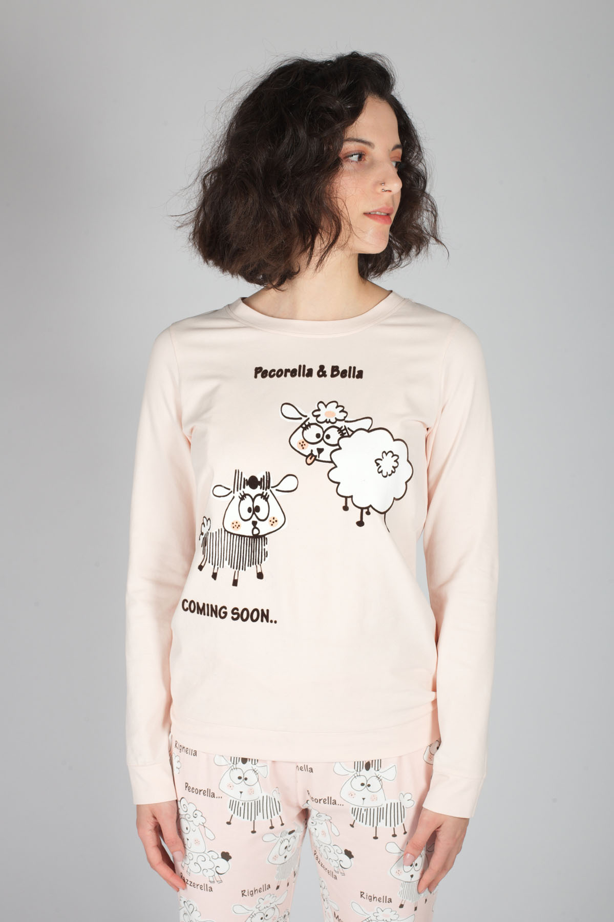 Kadın Kuzu Desenli Penye Pijama Takımı