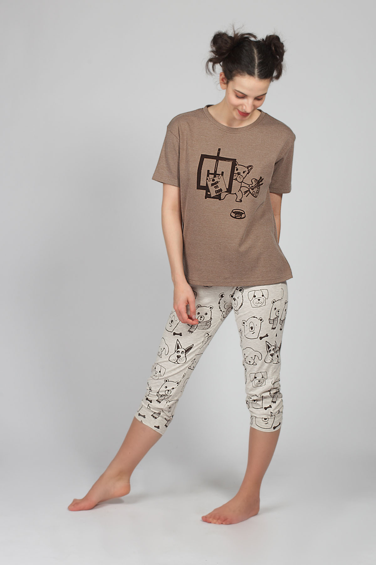 Kadın Kahve Desenli Midi Pijama Takımı