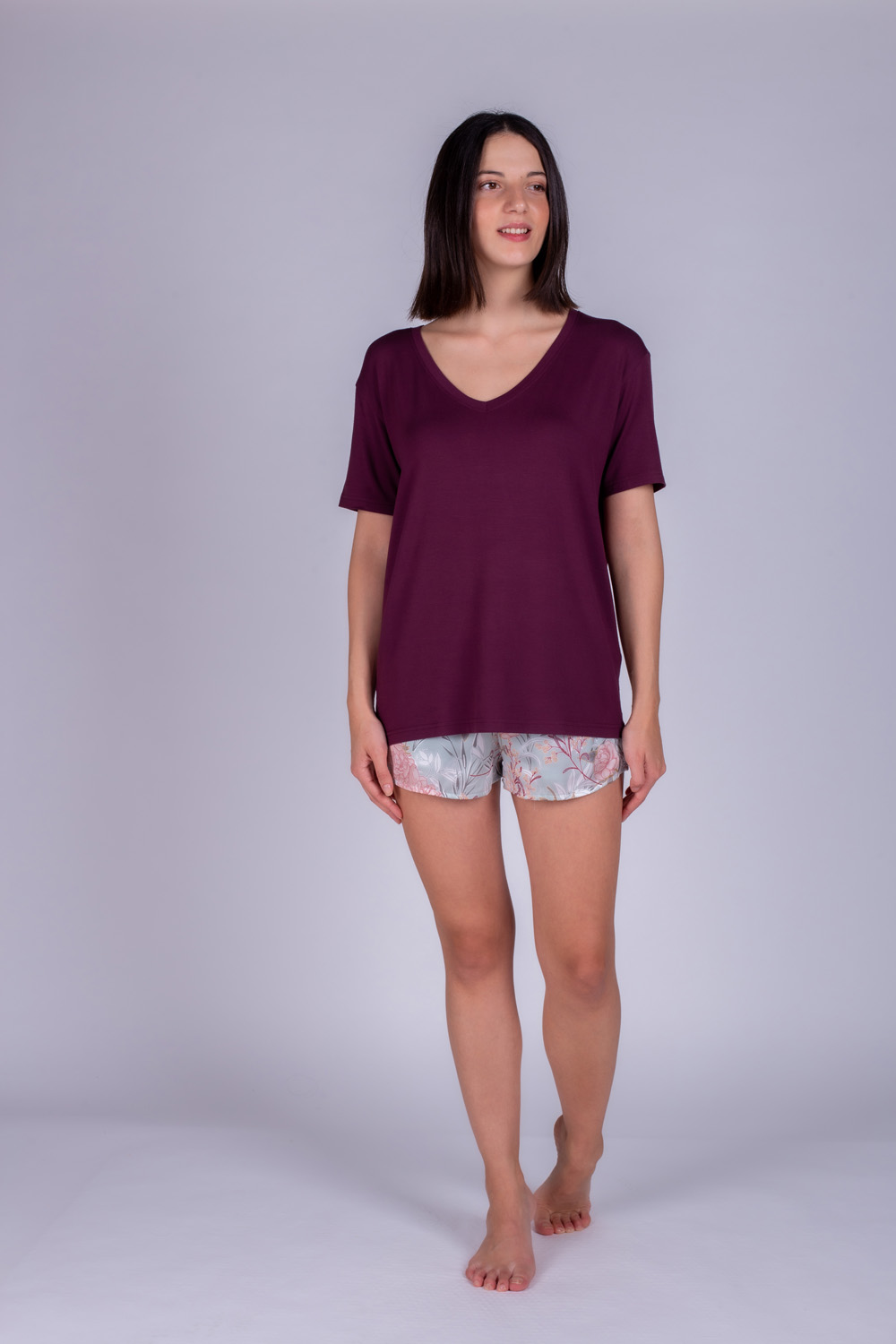 Kadın V Yaka Bordo T-Shirt