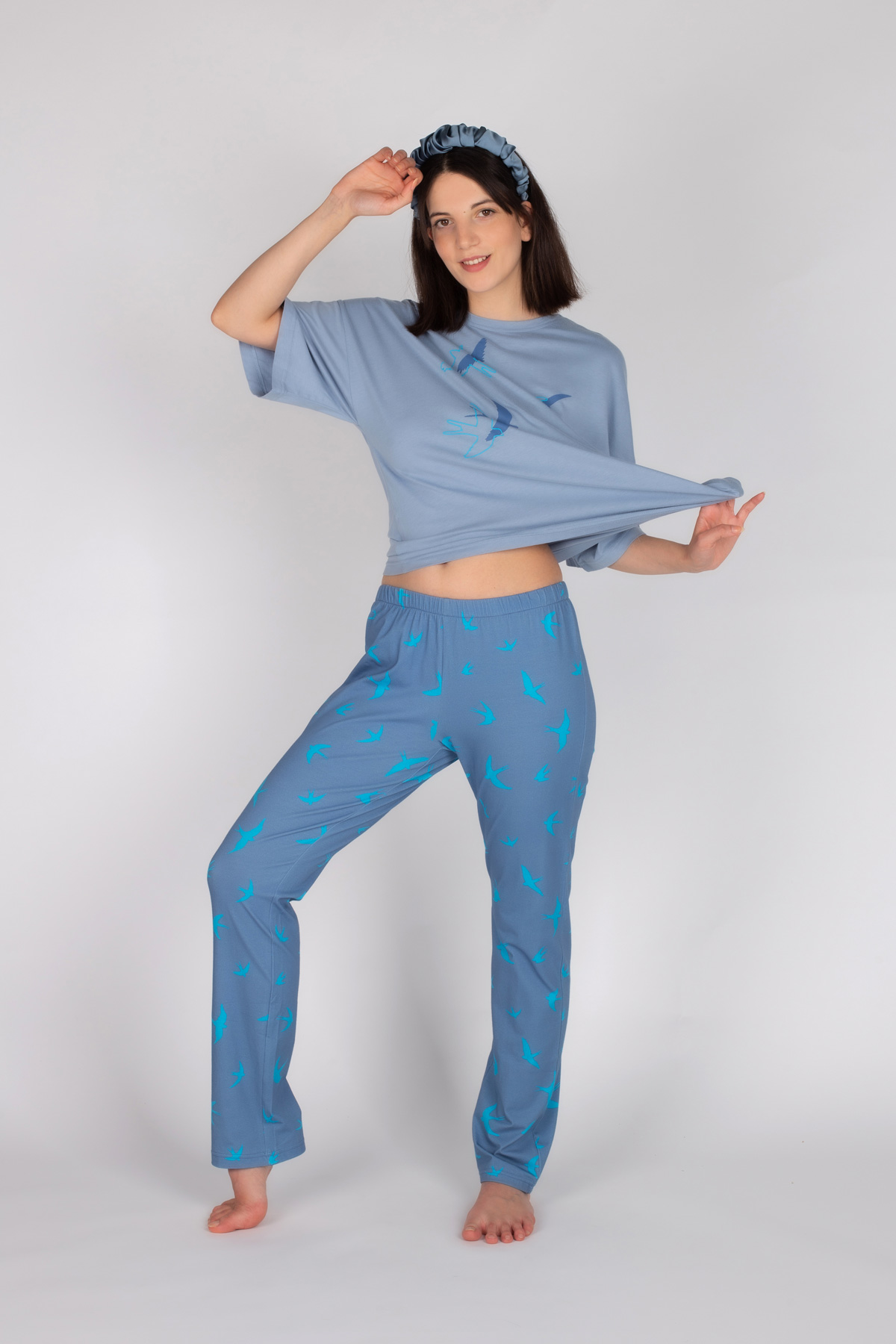 Kadın Pamuklu Kuş Desenli Kısa Kollu Pijama Takımı