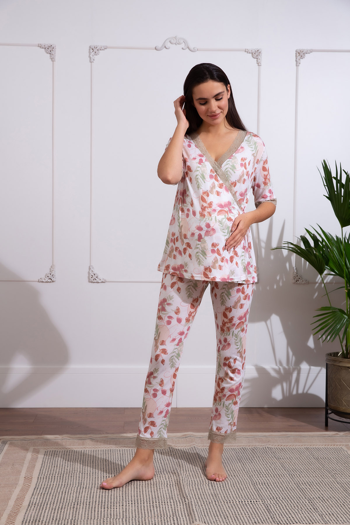 Kadın Lohusa Dantel Detaylı Uzun Pijama Takımı