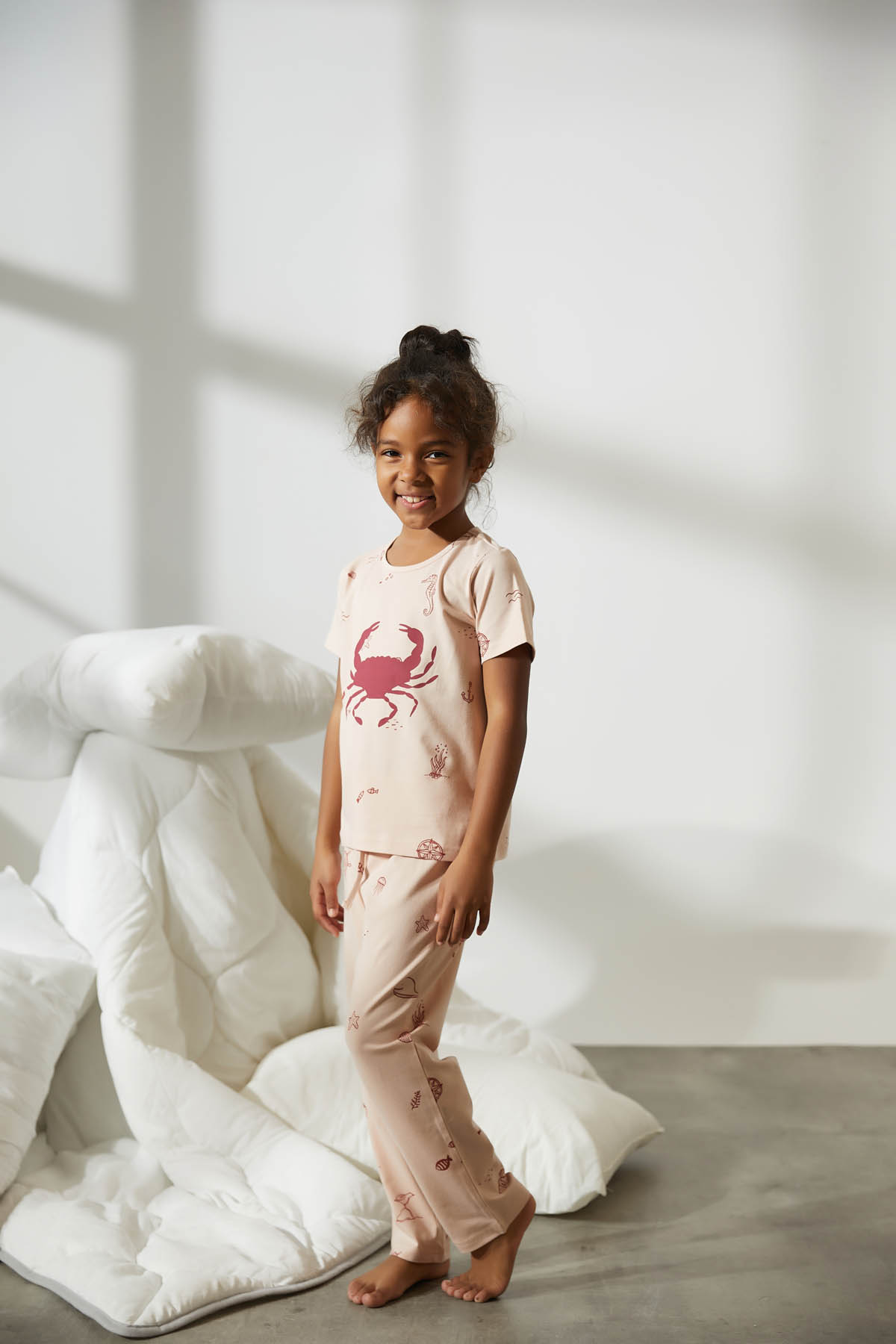 Kız Çocuk Deniz Desen Baskılı Midi Pijama Takımı