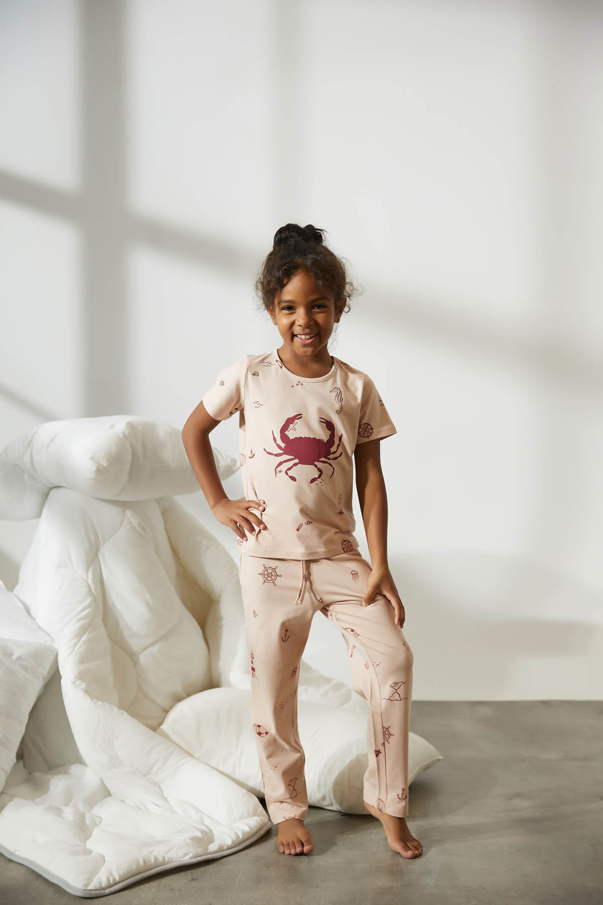 Kız Çocuk Deniz Desen Baskılı Midi Pijama Takımı