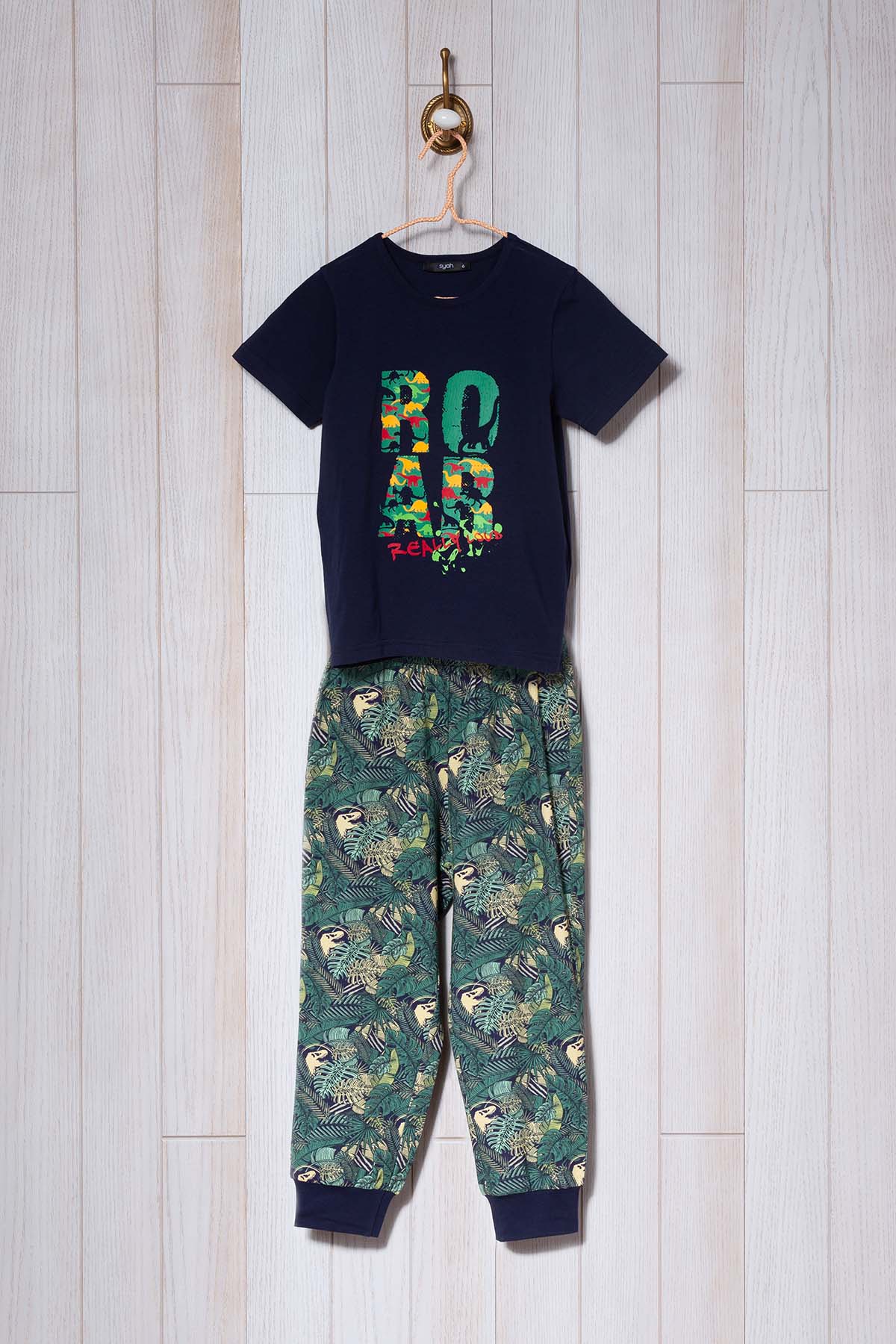 Erkek Çocuk Yeşil Desen Baskılı Midi Pijama Takımı