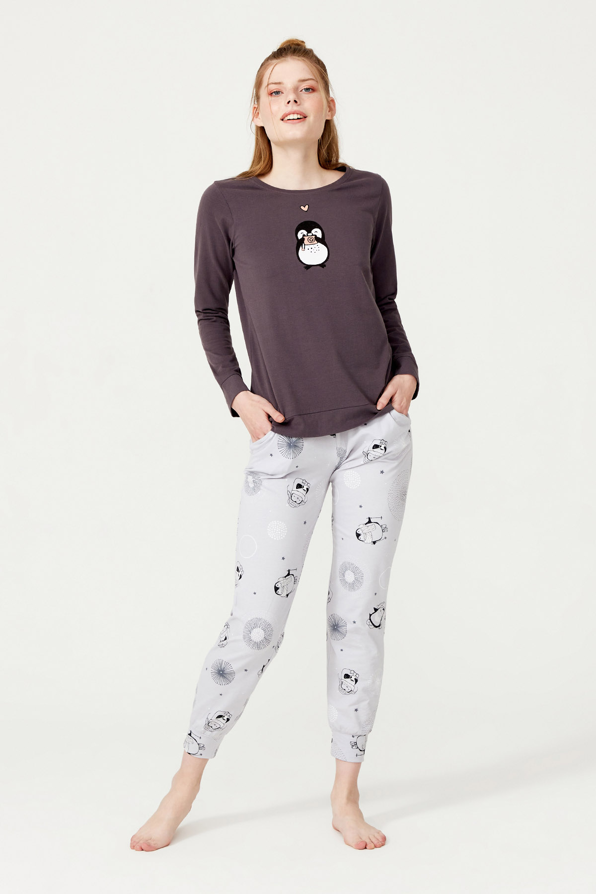 Kadın Penguen Baskılı Pamuklu Uzun Pijama Takımı