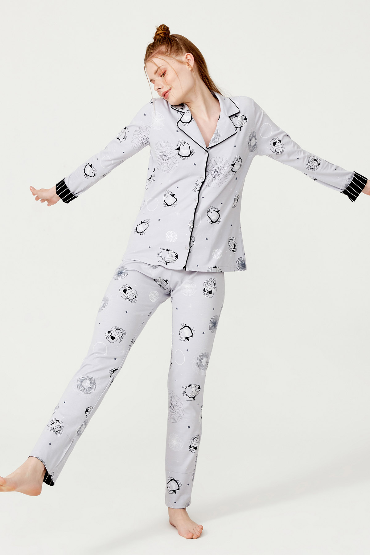 Kadın Penguen Baskılı Pamuklu Gömlek Pijama Takımı