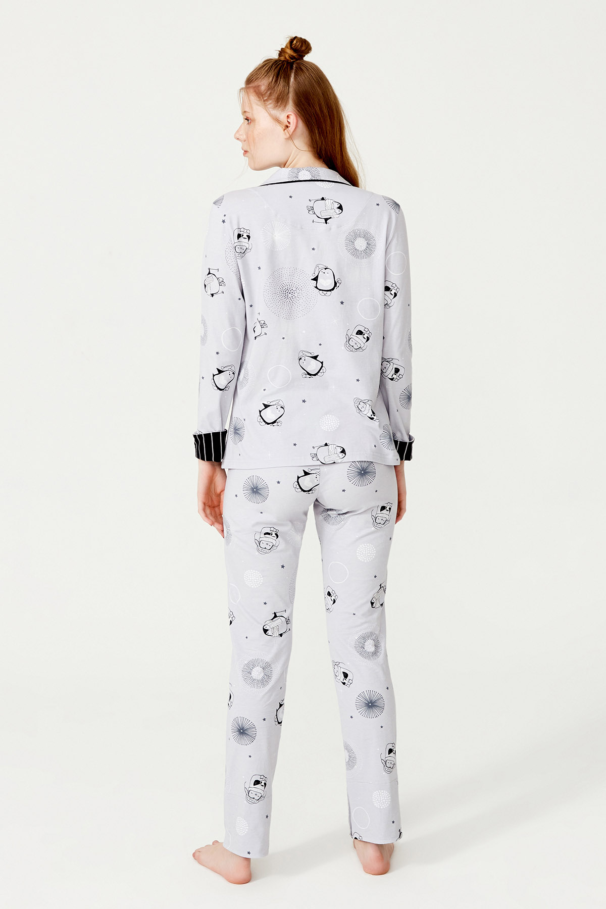 Kadın Penguen Baskılı Pamuklu Gömlek Pijama Takımı