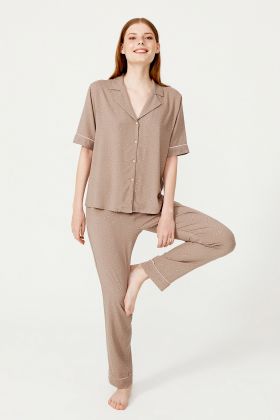 Kadın Kısa Kollu Arabiye Detaylı Gömlek Yaka Pijama Takımı