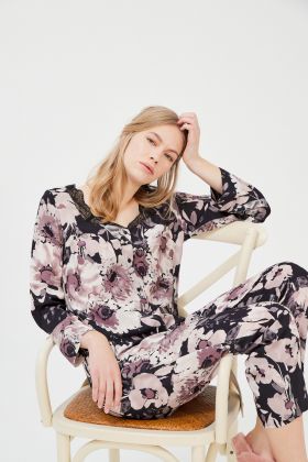 Kadın Vegan Önden Düğmeli Dantel Detaylı Pijama Takımı