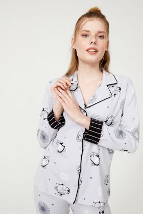 Kadın Penguen Baskılı Uzun Kollu Gömlek