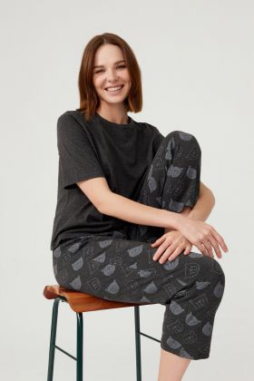 Kadın Ayıcık Baskılı Kısa Kollu Midi Pijama Takımı
