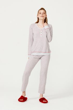 Kadın Pamuklu Patlı Çam Ağacı Baskılı Uzun Pijama Takımı