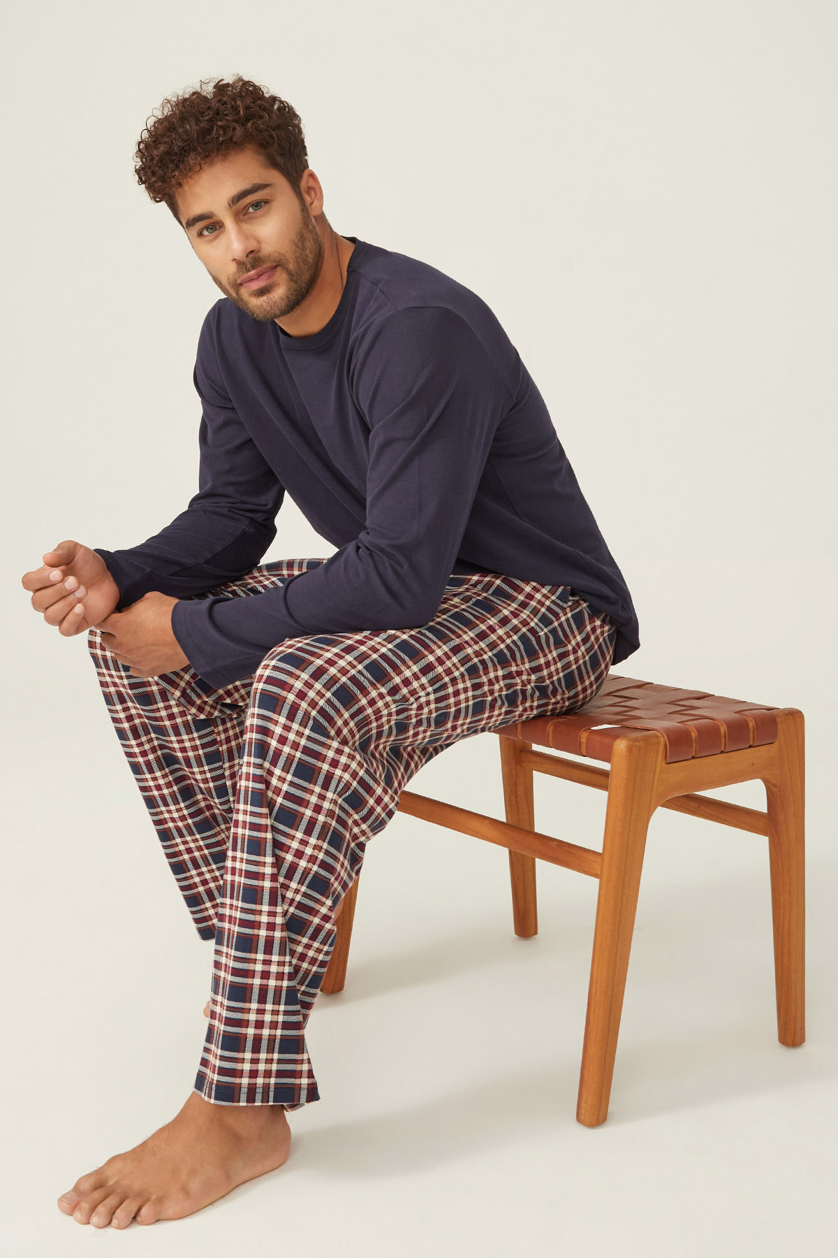 Erkek Pamuklu Ekose Desenli Pijama Takımı