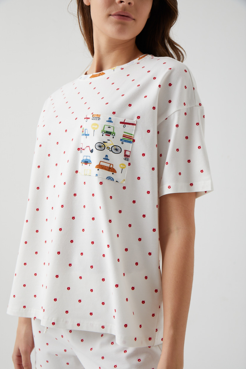 Kadın Kırmızı Elma Baskılı Cep Detaylı  Oversize Pijama Üstü 