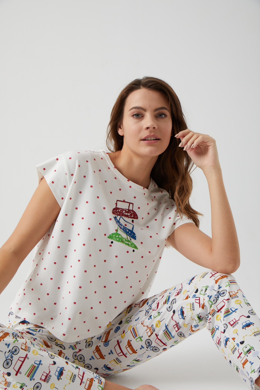 Kadın Araba Baskılı Minik Kollu Uzun Midi Pijama Takımı