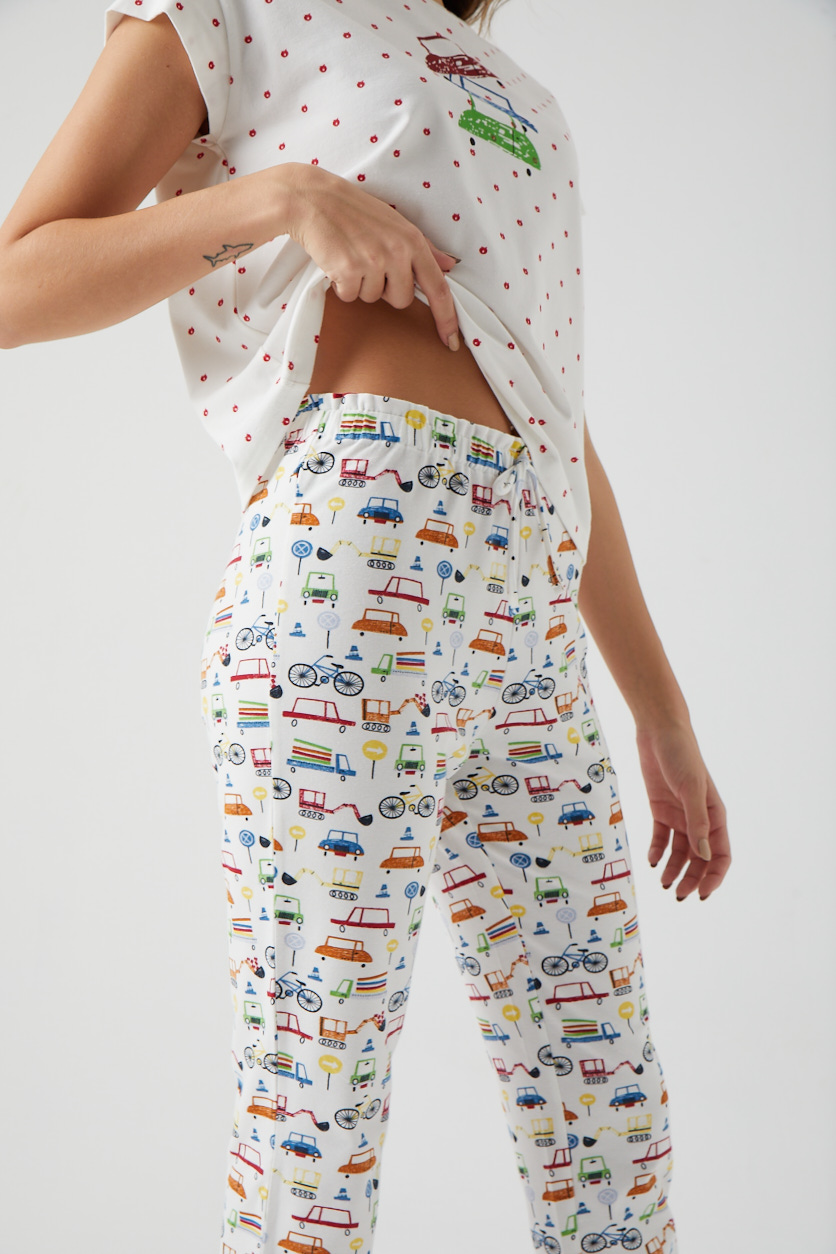Kadın Araba Baskılı Minik Kollu Uzun Midi Pijama Takımı