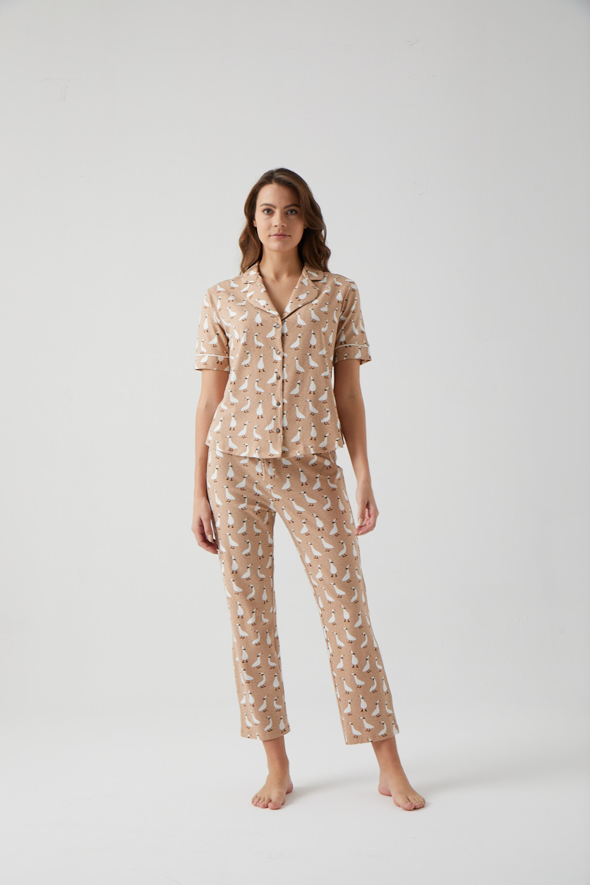 Kadın Ördek Baskılı Gömlek Yaka Kısa Kollu Alt Uzun Midi Pijama Takımı