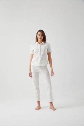 Kadın Yıldız Baskılı Gömlek Üst Uzun Midi Pijama Takımı