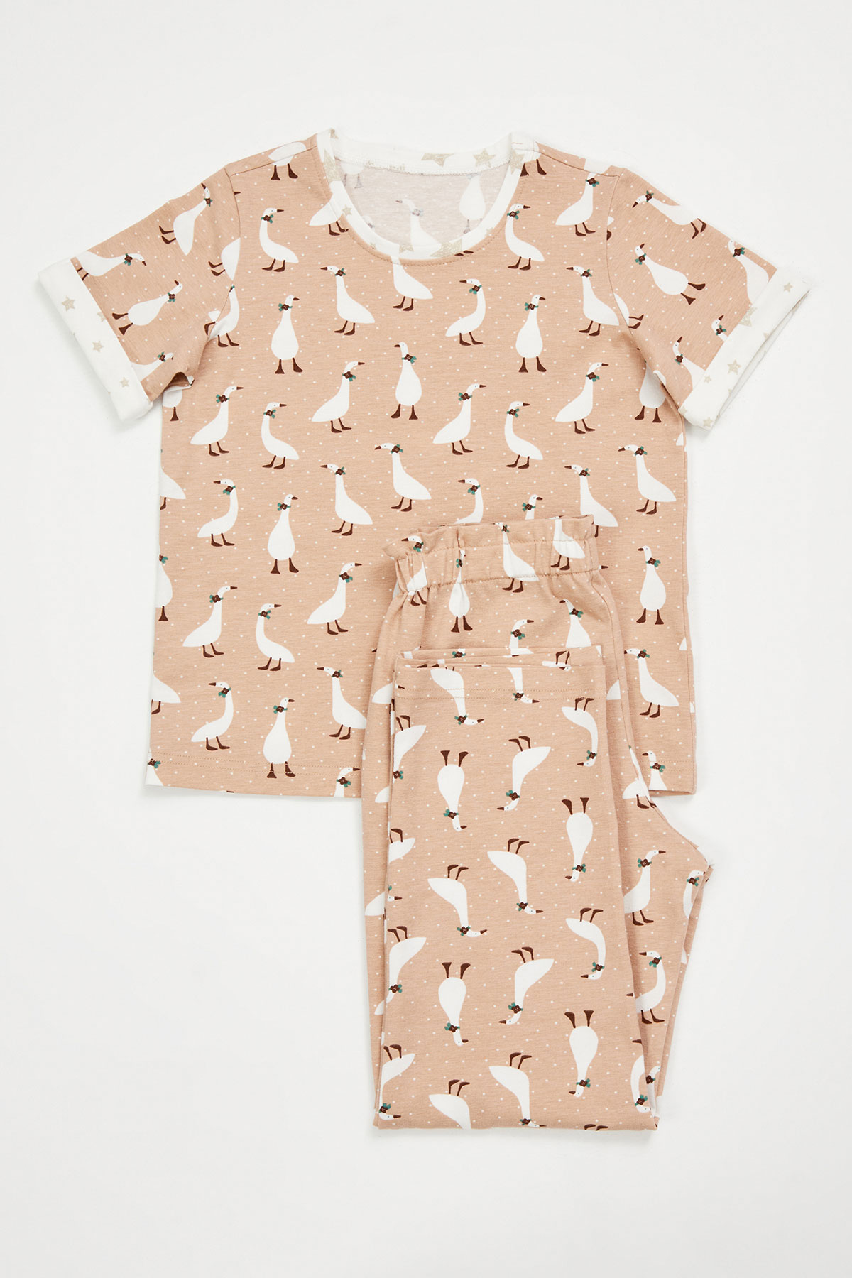 Kız Çocuk Ördek Baskılı Kısa Kollu Alt Uzun Pijama Takımı
