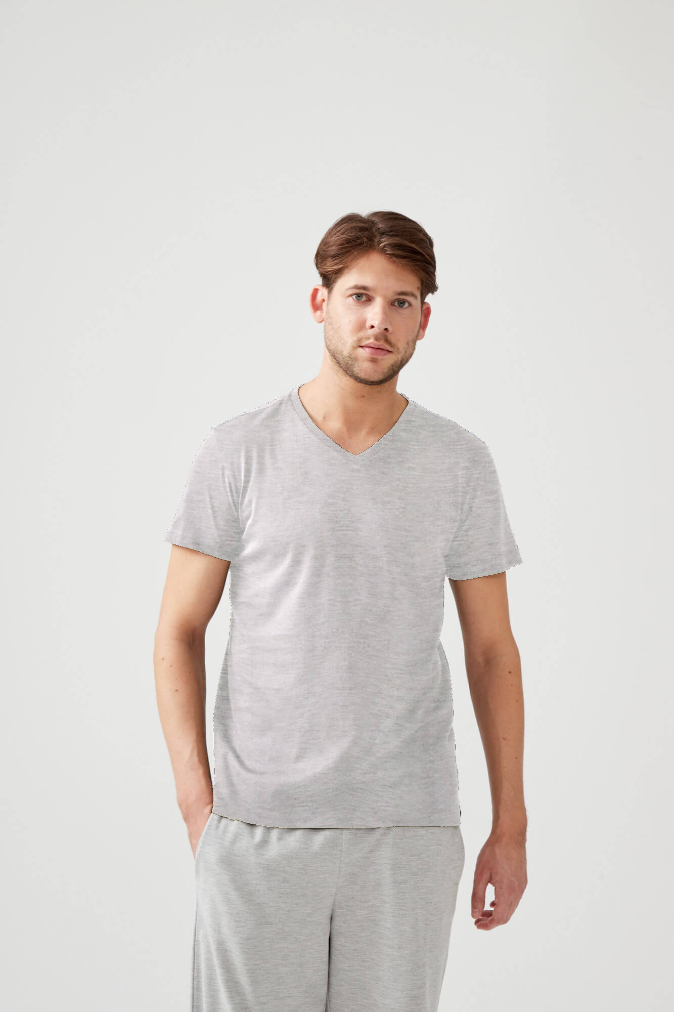 Erkek Pamuklu V Yaka Slim Fit T-shirt (Easy Iron)