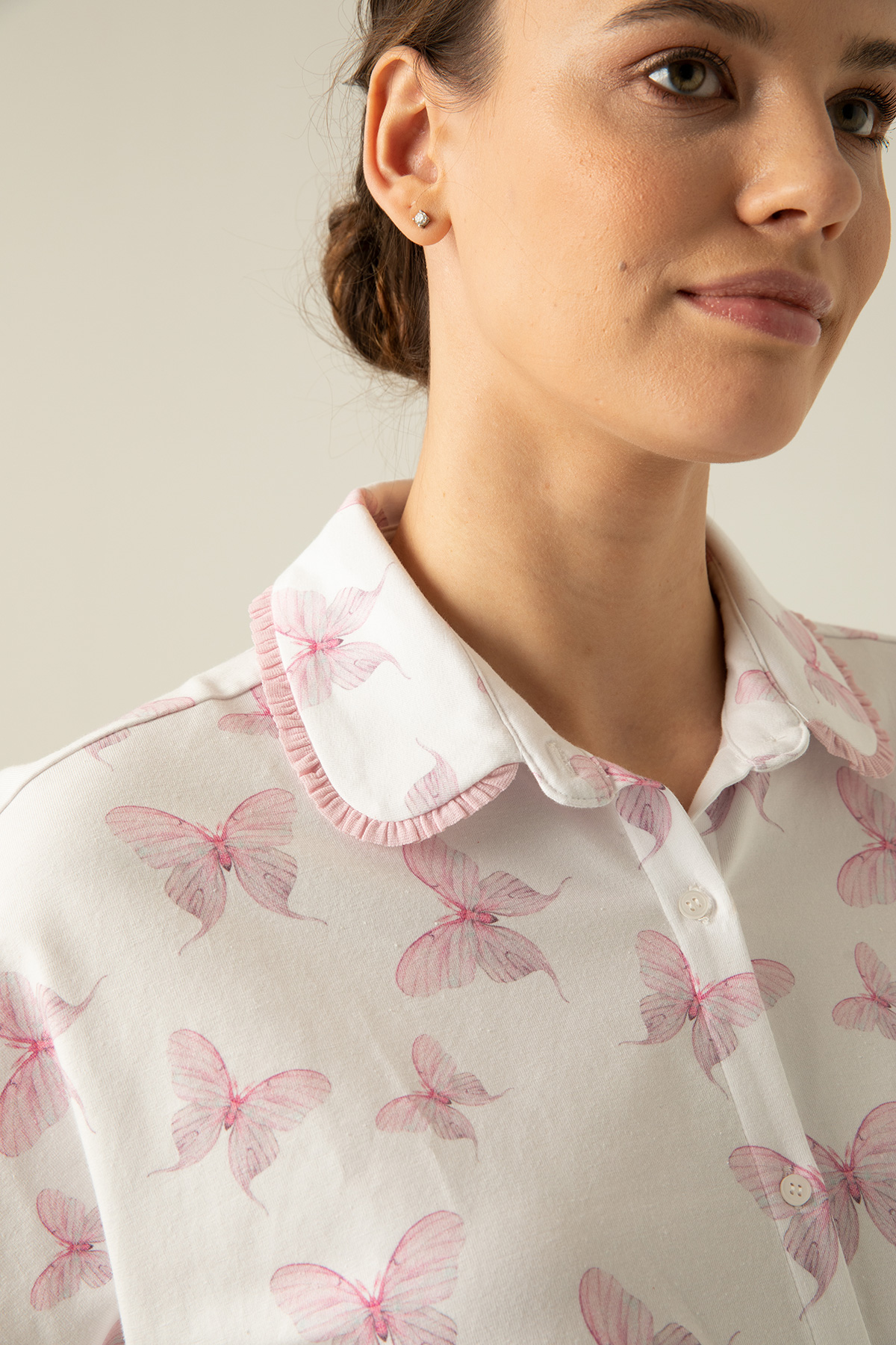 Kadın Anne Adayı Yakası Süs Lastikli Gömlek Üstlü Pijama Takımı