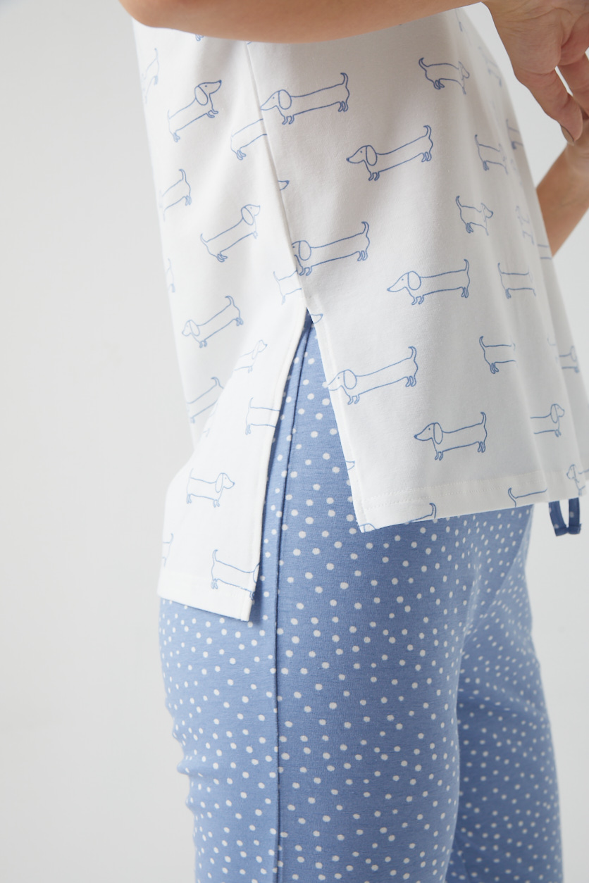Kadın Kıvırma Kol Detaylı Mavi Köpek Baskılı Pijama Üstü