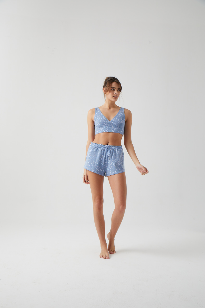 Kadın Mavi Puan Baskılı Beli Fırfır Detaylı Şort Pijama Altı