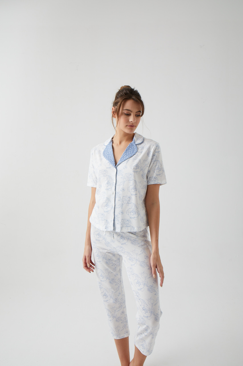 Kadın Mavi Gül Baskılı Gömlek Yaka Kısa Midi Pijama Takımı