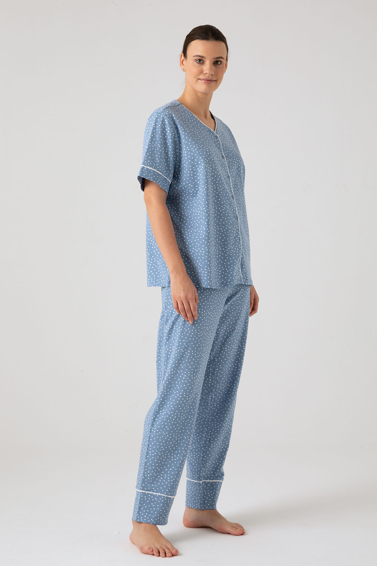 Kadın Büyük Beden Pat Detaylı Kısa Midi Pijama Takımı