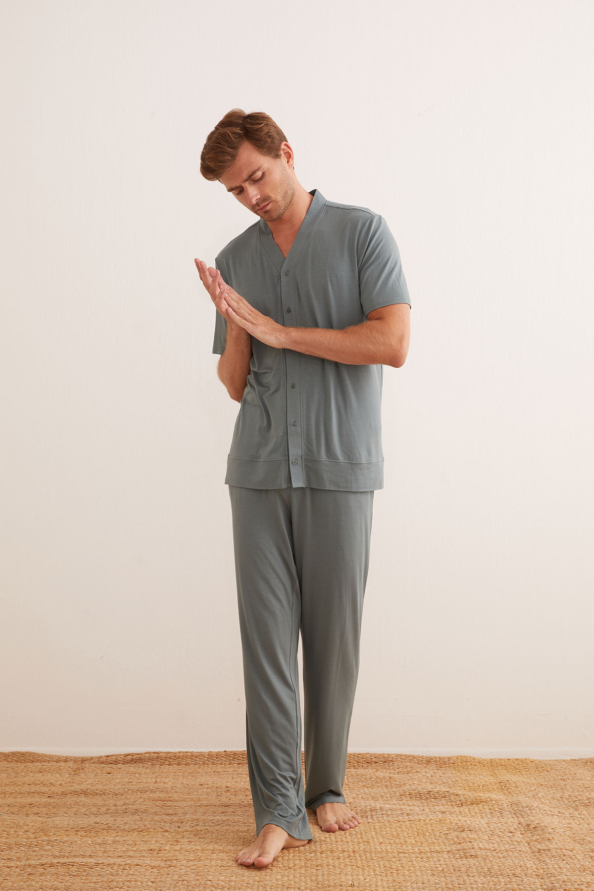 Erkek Kısa Kollu Uzun Pijama Takımı