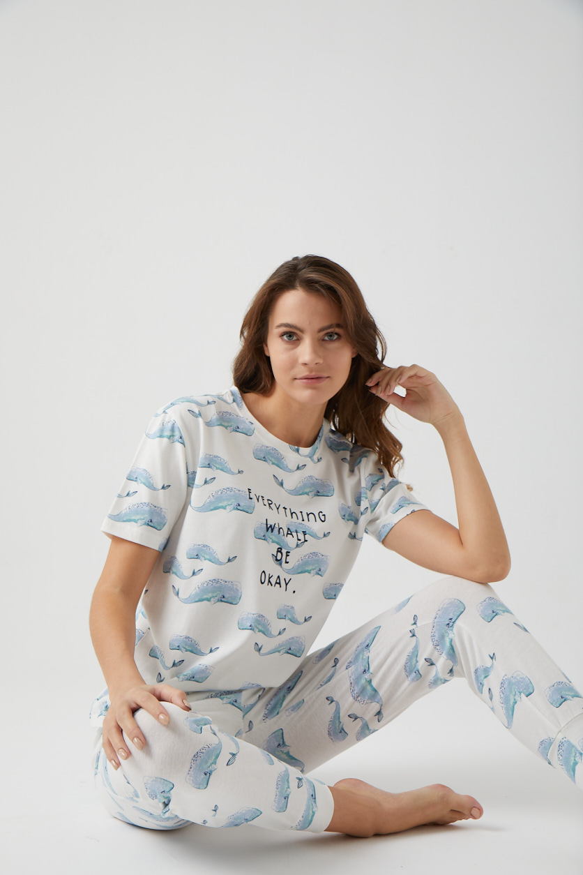 Kadın Balina Baskılı Kısa Kollu Oversize Pijama Üstü