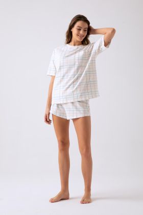 Kadın Ekose Baskılı Sırtta Baskı Detaylı Şortlu Pijama Takımı