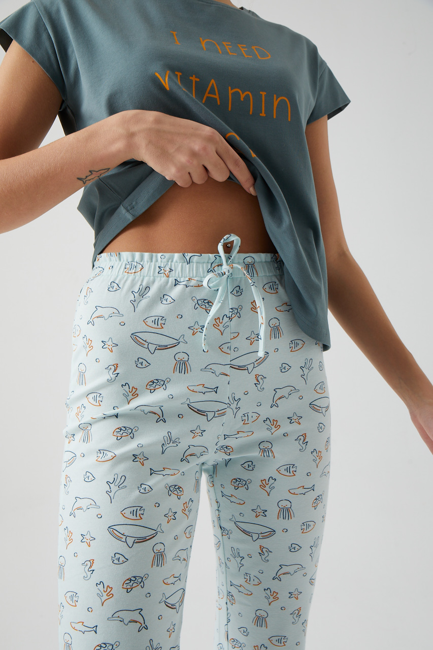Kadın Minik Kol Detaylı Midi Pijama Takımı