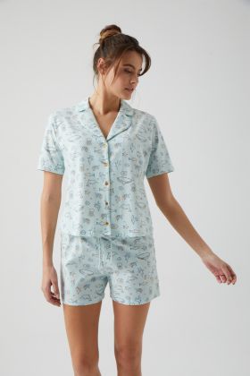 Kadın Okyanus Baskılı Gömlek Yaka Üst Şortlu Pijama Takımı