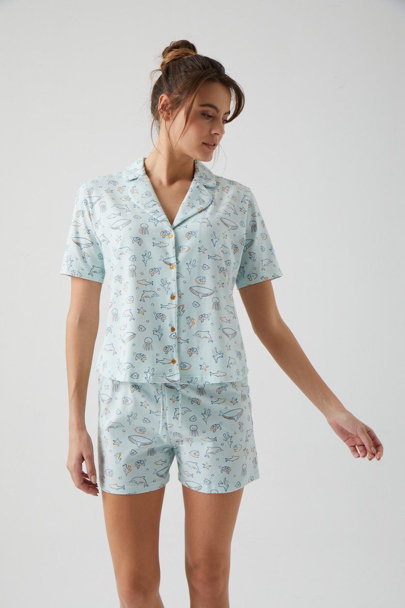 Kadın Okyanus Baskılı Gömlek Yaka Pijama Üstü