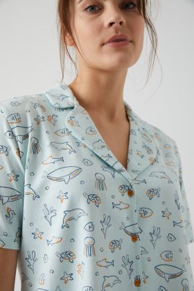 Kadın Okyanus Baskılı Gömlek Yaka Pijama Üstü