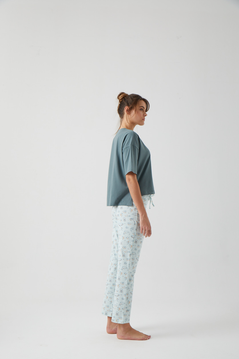 Kadın Yırtmaç Detaylı Üst Uzun Midi Pijama Takımı