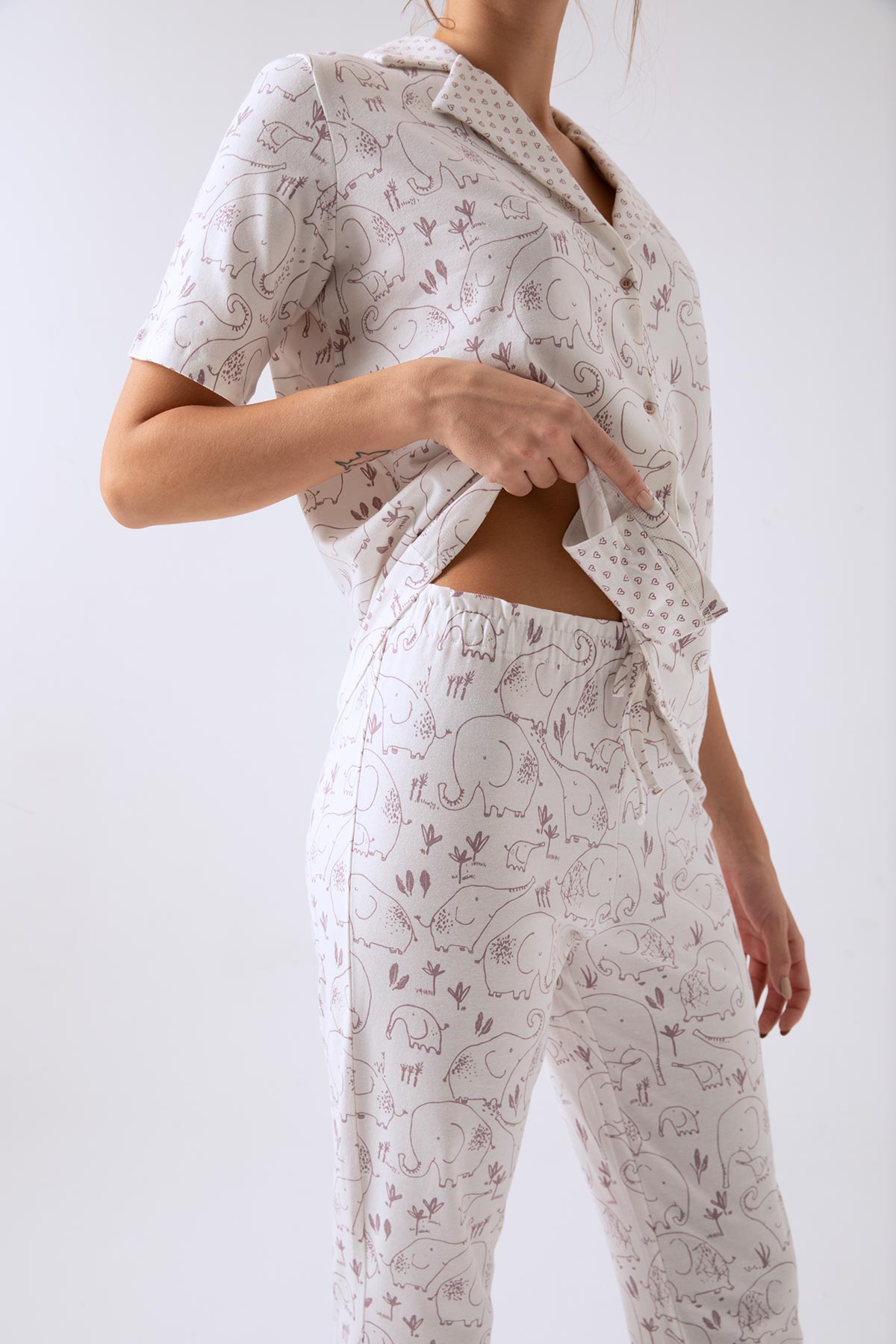 Kadın Fil Baskılı Gömlek Yaka Uzun Midi Pijama Takımı