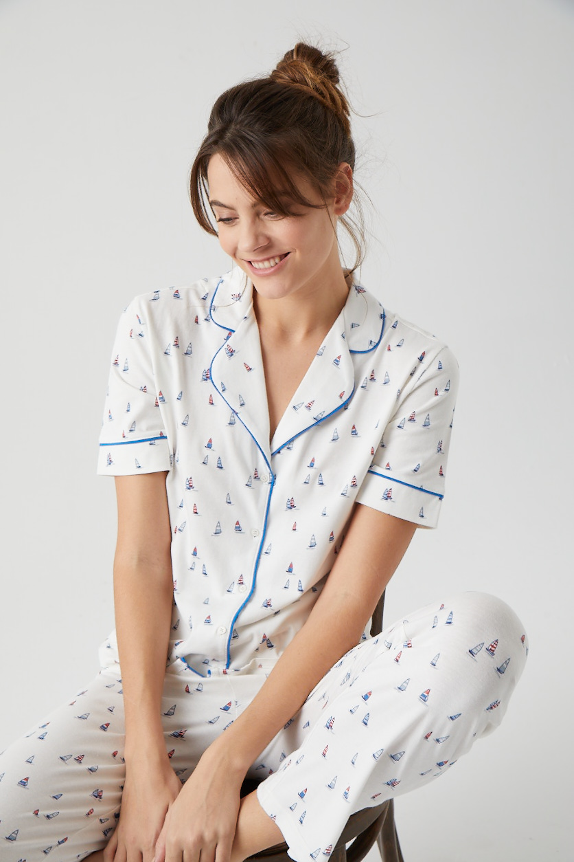 Kadın Yelken Baskılı Gömlek Yaka Üst Uzun Midi Pijama Takımı