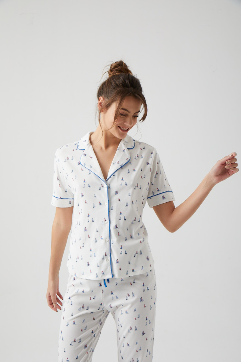 Kadın Yelken Baskılı Gömlek Yaka Pijama Üstü